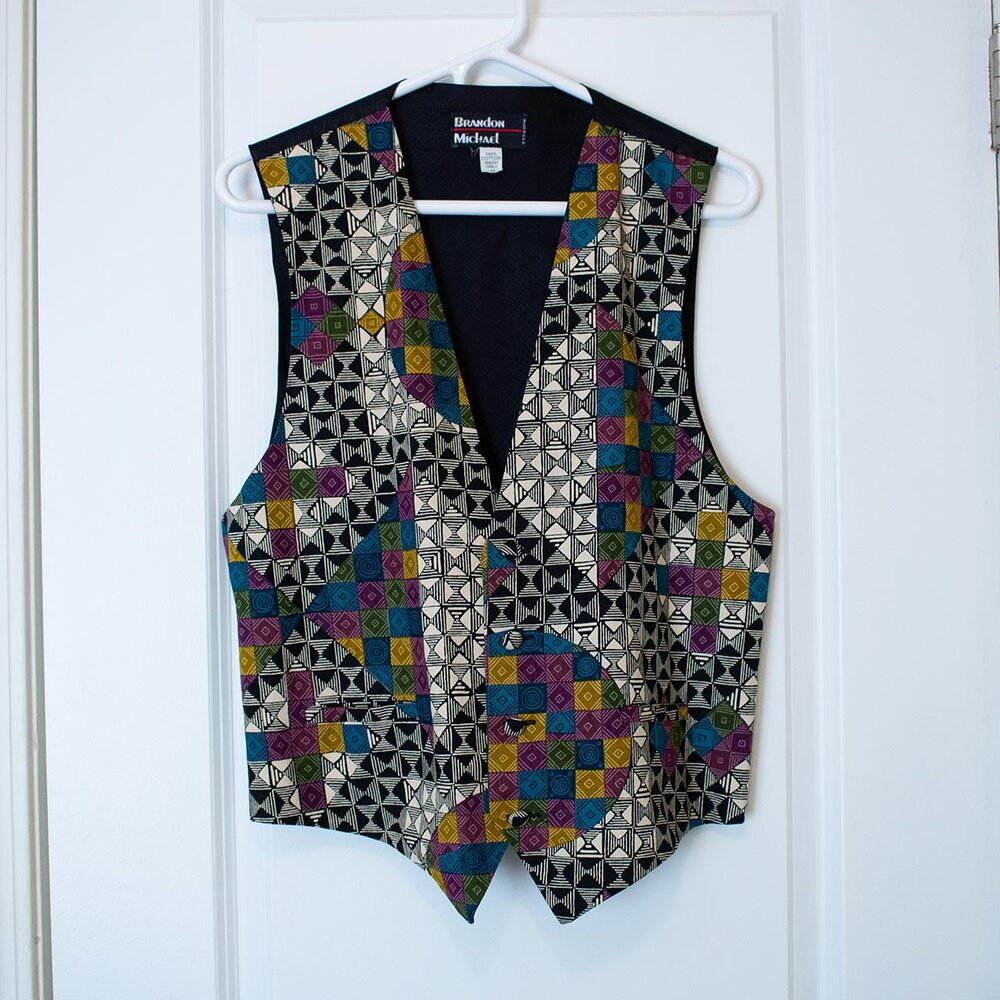 VTG Geometric Colorful Quilted Prom Vest 90s Funky Formal | Dark Winter